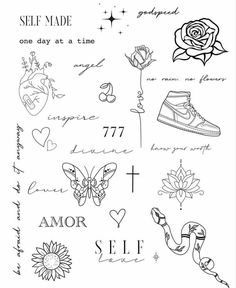 some tattoos with flowers and hearts on them, one day at a time tattoo design