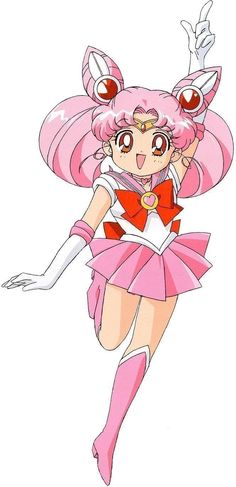 an anime character with pink hair and red eyes, wearing a pink outfit while flying through the air