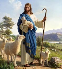 a painting of jesus holding a lamb and sheep