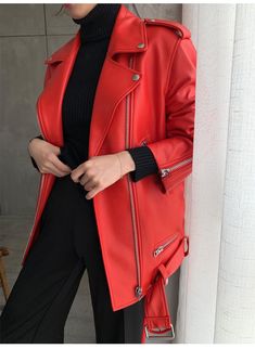 Really cute red biker jacket.  Soft fake lined leather jacket. Three front zip pockets, one snap pocket, turn down collar Adjustable waist, Full sleeve length, last one, XX Large.    The length of the jacket is 27 inches long and so are the sleeves. The bust is 114 centimeters, 45 inches .  Both sleeves have zippers at the lower end. Ship US only   Next day shipping except on weekends.  No returns Red Biker Jacket With Long Sleeves, Red Fall Biker Jacket With Pockets, Red Moto Outerwear For Winter, Red Biker Outerwear With Zipper Closure, Red Long Sleeve Moto Outerwear, Red Zip Fly Outerwear For Fall, Red Biker Outerwear For Fall, Red Moto Outerwear With Zipper Closure, Red Zipper Closure Outerwear For Work