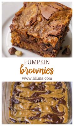 pumpkin brownies with peanut butter frosting and chocolate chips in the bottom left side