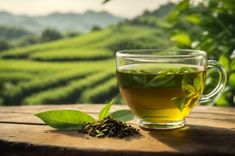 a glass cup filled with green tea sitting on top of a wooden table