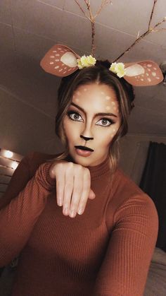 How To Make Deer Antlers For A Costume, Last Minute Deer Costume, Women’s Deer Makeup, Cute Deer Costumes For Women, Womens Deer Costume Diy, Fawn Makeup Halloween, Deer Facepainting, Deer Costume Women Makeup