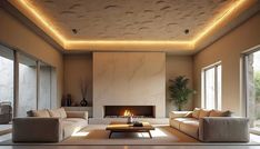 a living room filled with furniture and a fire place in the middle of it's wall