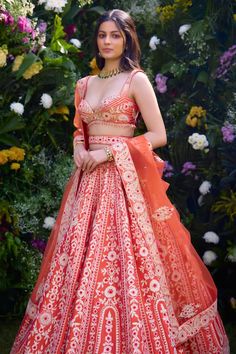 Vermillion orange raw silk lehenga with an attached cancan and gota and thread embroidery. Comes with a padded blouse, a dupatta and a belt. - Aza Fashions Blouse Lehenga, Raw Silk Lehenga, Padded Blouse, Silk Lehenga, Thread Embroidery, Fashion App, Embroidered Silk, Raw Silk, Embroidered Blouse