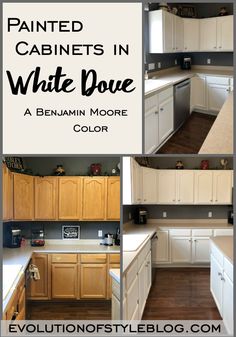 white painted cabinets in a kitchen with text overlay that reads painted cabinets in white dove