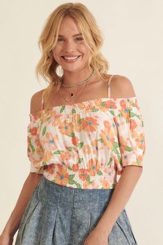 Bright Blooms Smocked Floral Cold Shoulder Top - ShopPromesa White Coral, Cold Shoulder Blouse, Cold Shoulder Top, Puff Sleeves, Off Shoulder Blouse, Smocking, Cold Shoulder, Puff Sleeve, Floral Tops