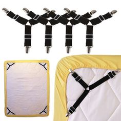 four baby safety straps and one crib pad with white quilted material, all attached to each other