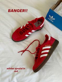 these adidas spezial in red are absolutely not basic - if you want extraordinary shoes to spice up every outfit - perfect for spring/summer - still classy shoes Adidas Samba Red Outfit, Adidas Red Shoes, Red Adidas Samba, Red Spezial Adidas, Red Samba Outfit, Adidas Spezial Red, Red Sambas Adidas, Spezial Adidas Shoes, Red Sambas Adidas Outfit