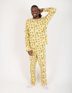 Any man looking for a fun and tasty style will love our Men’s Loose Fit Food Pajamas! These outfits consist of a 100% cotton makeup and tagless labels, both providing the best comfort for sleeping or simply lounging around. The pants consist of an elastic waistband for extra breathability, and its loose design provides a relaxed feel as well. Wearers can choose between avocado yellow or pineapple orange, both easily matching other family outfits for a special time. Sizes range from Small to XX-L Playful Cotton Sleepwear Pajama Pants, Playful Cotton Sleepwear, Yellow Cotton Sleepwear For Loungewear, Yellow Long Sleeve Sleepwear For Lounging, Yellow Cotton Loungewear Sets, Yellow Relaxed Fit Sleepwear For Lounging, Yellow Cotton Sleepwear For Pajama Party, Casual Long Sleeve Yellow Sleepwear, Yellow Relaxed Fit Loungewear Sets