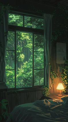 a bedroom with an open window and forest outside the window is lit by a lamp