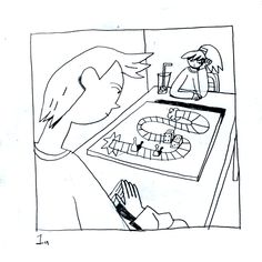 a cartoon drawing of a woman washing her hands in the kitchen sink while another person looks on