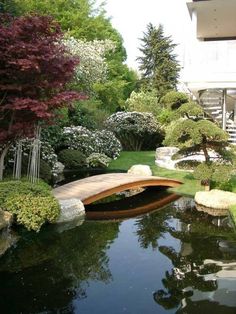 a small pond in the middle of a garden with a bridge over it and trees on both sides