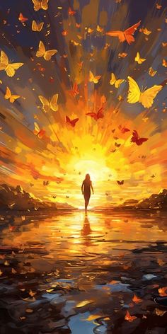 a painting of a person standing in the water with butterflies flying around them at sunset