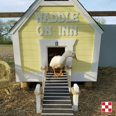 there is a duck that is standing on the stairs in front of a small barn