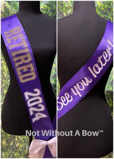 Make the event memorable with a custom Retirement sash! Created with top quality satin ribbon. Size: One size fits most. Total sash length is 36" Ribbon Width: 4" (shown in sample photo)  Sash will NOT be sewn and a safety pin will be included to allow for a custom fit. INFORMATION TO ASSIST YOU IN YOUR SASH PURCHASE. *Each sash is individually packaged with a safety pin for gift giving. *Our sashes are NOT sewn at hip to allow for a custom fit *To wear, cross sash & pin at the hip area. TEXT ON BACK OF SASH - UPGRADE If you are upgrading to have text on the back of the sash, it is a firm 25-character limit in a single color. Any requests for additional characters or colors may require an additional fee.  SATIN PIN BOW - UPGRADE *Satin Pin Bow is sold separately. *Created with a 3" satin r Retirement Sash, Custom Sash, Wedding Sash Belt, Wedding Belts, Retirement Gift, Cheer Bows, Retirement Gifts, Ribbon Colors, Etsy Shipping