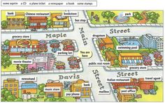 an illustrated map of the streets and buildings