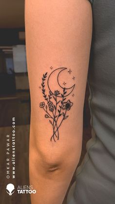 Floral crescent moon tattoo at aliens tattoo studio. Simple Tattoos Minimalist, Matching Floral Tattoos For Best Friends, Front Of Forearm Tattoo Women, Inner Forearm Tattoos For Women Simple, May Taurus Tattoo, Arm Tattoos For Women With Color, Flower And Stars Tattoo Designs, Inside Forearm Tattoo Women Flower, Boho Forearm Tattoo