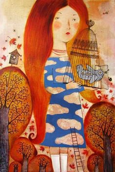 a painting of a woman holding a bird cage