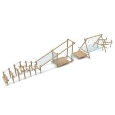 a wooden play set with stairs and railings