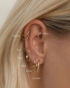 a woman with three different ear piercings on her left ear and the other two are labeled