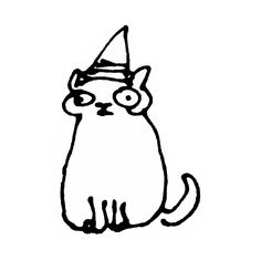 a black and white drawing of a cat wearing a hat