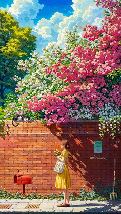 a painting of a woman standing in front of a brick wall with flowers on it