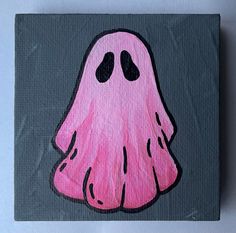 a painting of a pink ghost with black eyes and nose on a gray background,