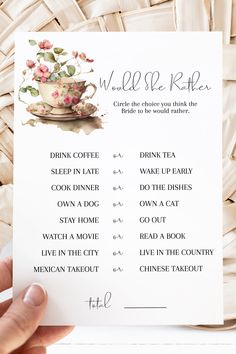 Bridal Shower Game Template Would She Rather Tea Bridal Shower Games, Bridal Shower Games Tea Party, Kitchen Tea Games Bridal Showers, Bridal Shower Themes Tea Party, Tea Party Bridal Shower Ideas Games, High Tea Wedding Shower Ideas, Bachelorette Tea Party Ideas, Vintage Bridal Shower Theme, Time For Tea With The Bride To Be