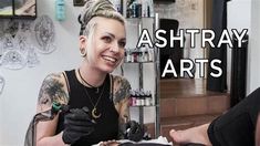 a woman is getting her hair done at the salon with words above it that read ashtray arts