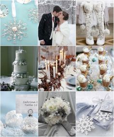 a collage of wedding pictures with white flowers and snowflakes on the table