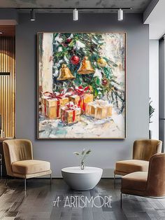 a living room with two chairs and a large painting on the wall that has christmas presents under it