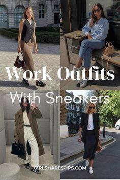 Office Look With Sneakers, Sneakers With Professional Outfit, Chic Tennis Shoes Outfits, Sneakers With Work Clothes, Business Casual Dress With Sneakers, Work Sneaker Outfit, Sneakers With Suits Women, Travel Work Outfits Business Casual, Comfortable Chic Outfits Summer