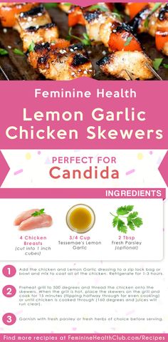 the recipe for lemon garlic chicken skewers is shown in pink and white text