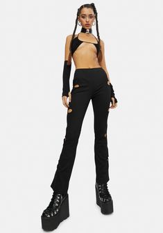 Club Exx Cut Out Flower Flare Pants - Black – Dolls Kill Punk Style Stretch Bottoms For Club, Edgy Flare Pants For Party, Edgy Stretch Elastane Pants, Stretch Edgy Pants For Streetwear, Edgy Stretch Pants For Party, Edgy Elastane Pants For Night Out, Punk Style Stretch Straight Leg Pants, Stretch Straight Leg Punk Pants, Stretch Wide Leg Pants For Club