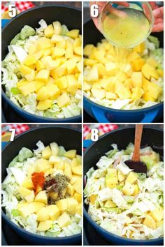 four pictures showing how to make cabbage and mango salad with dressing in a skillet