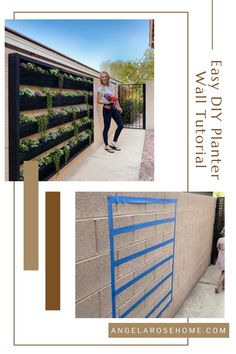 a woman standing in front of a wall with plants growing on it and an image of the