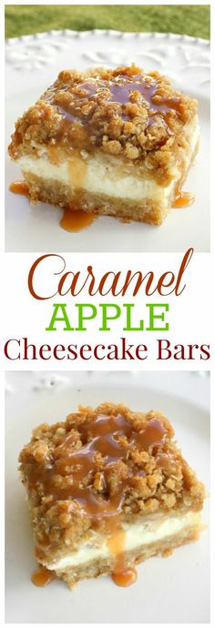 caramel apple cheesecake bars on a white plate