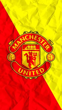 the manchester united flag on crumpled paper with red and yellow stripes in the center, as well as an emblem