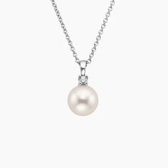 Premium Akoya Cultured Pearl and Diamond Pendant (8mm) - 18K White Gold. A premium Akoya cultured pearl and shimmering diamond accent hang from a classic white gold cable chain. This elegant, organic pearl features brilliant luster and shine with traditional grace and beauty. Pearl Wedding Jewelry, Pearl Drop Pendant, Tahitian Pearl Pendant, Pearl And Diamond Necklace, Tahitian Black Pearls, Pearl Jewelry Wedding, Wedding 2024, Cultured Pearl Necklace, Pearl Necklaces