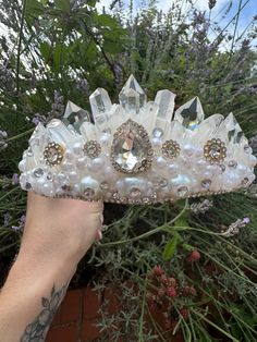 Natural crystal quartz, rhinestone and faux pearl crown tiara. Bespoke handcrafted tiaras, crowns and accessories. Handmade with natural Gower coast sea glass, shells, trinkets and natural quartz crystals.  Handmade to order. Made to order items may differ ever so slightly from the item pictured, each item is unique! Delicate handcrafted item due to nature of materials used- Please handle with care. Mermaid crown made from shells, quartz crystals and sea glass. Returns not accepted on made to order items- please report any issues within 7 days of receipt. follow on instagram @gowerseacrown Pearl Crown, Mermaid Crown, Crown Tiara, Tiara Crown, Crystal Crown, Accessories Handmade, Quartz Crystals, Tiaras And Crowns, Crystal Quartz