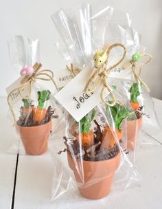 three small clay pots with carrots wrapped in cellophane