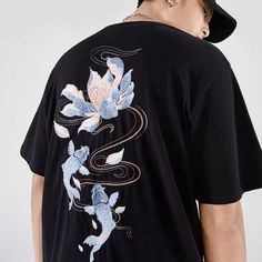 Unisex Super Cute Black Floral Embroidery Crew Neck T-shirt, Black Embroidered Crew Neck Top, Black Embroidered T-shirt For Summer, Embroidered Black Tops For Streetwear, Black Embroidered Top For Streetwear, Black Embroidered Cotton Shirt, Black Embroidered Relaxed Fit Tops, Embroidered Black Relaxed Fit Tops, Black Floral Embroidered T-shirt For Summer