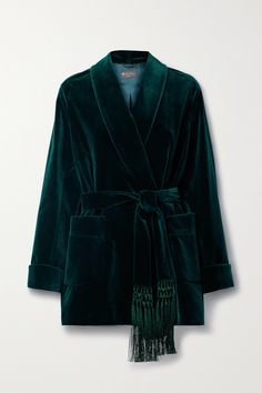 Loro Piana's 'Raniya' jacket is modeled on vintage dressing gowns. Part of a set with the matching 'Niklas' pants, it's been made in Italy from plush cotton-blend velvet and has a shawl lapel, generous front pockets and a sash belt tipped with fringed macramé. Complement the rich emerald with warm or neutral accessories Velvet Jacket Outfit, Velvet Outfits, Opera Coat, Neutral Accessories, Dressing Gowns, Velvet Coat, Boucle Jacket, Twill Jacket, Luxury Women Fashion