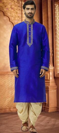 Blue color Dhoti Kurta in Art Silk fabric with Embroidered work Blue Embroidered Sets For Eid, Blue Embroidered Border Sets For Eid, Blue Sets With Embroidered Border For Eid, Blue Embroidered Kurta For Diwali, Traditional Blue Chanderi Salwar Kameez, Embroidered Blue Kurta For Festivals, Blue Cutdana Traditional Wear For Eid, Blue Kurta With Zari Work For Eid, Festive Blue Kurta With Embroidered Border