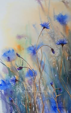 an abstract painting of blue flowers on a white background with watercolng and pastel