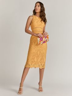 Crochet Lace Illusion Waist Midi Dress - Just Me | New York & Company Summer Lace Midi Dress For Night Out, Summer Lace Dress For Night Out, Midi Length, Summer Lace Dress For Date Night, Knee-length, Knee-length Lace Dress For Summer Date Night, Summer Knee-length Lace Dress For Date Night, Chic Sleeveless Lace Dress For Date Night, Chic Sleeveless Lace Dress For Dress Down Occasions, Yellow Lace Party Dress, Yellow Lace Midi Dress