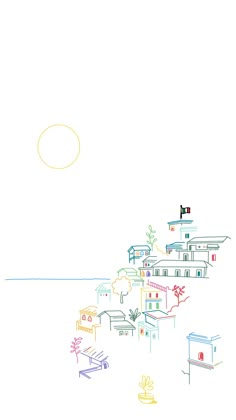 a drawing of houses on the beach with a sun in the sky