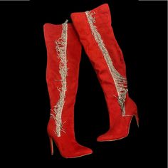 Red Suede, Diamond Trims Along The Sides. Brand New Great Condition Only Worn Once. Please Note : Wardrobe Stylist Closet Edition Pieces Were Lightly Used For Editorial Purposes (Magazines) Red Thigh High Boots For Night Out, Red Thigh High Winter Boots, Red Knee-high Boots For Night Out, Red Glamorous Boots, Glamorous Red Boots For Fall, Glamorous Red Boots, Glamorous Red Fitted Boots, Trendy Red Boots For Evening, Trendy Red Evening Boots