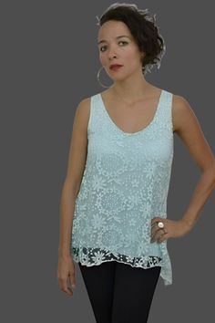 Seduzione Italy Hi Lo Tank Top with lace overlay and split back design, lined.Soft, stretchy fabric. Tasseled asymmetrical triangle scarf can be worn in many ways. Color: Pastel BlueOne Size -Recommend for Small36 Bust, Length 25" 95% Viscose, 5% Elastane, hand wash cold RF/25004 Summer Stretch Lace Top, Summer Stretch Lace Top For Layering, Summer Party Blouse With Delicate Lace, Blue Lace Top For Summer, Elegant Blue Lace Top For Summer, Elegant Stretch Crochet Lace Top, Elegant Blue Lace Top With Lace Trim, Summer V-neck Top With Tassels, Summer V-neck Top With Fringe